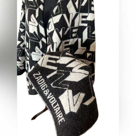 ZADIG & VOLTAIRE Elliot Love Wool-Blend Poncho - Black White LOGO - Picture 8 of 13